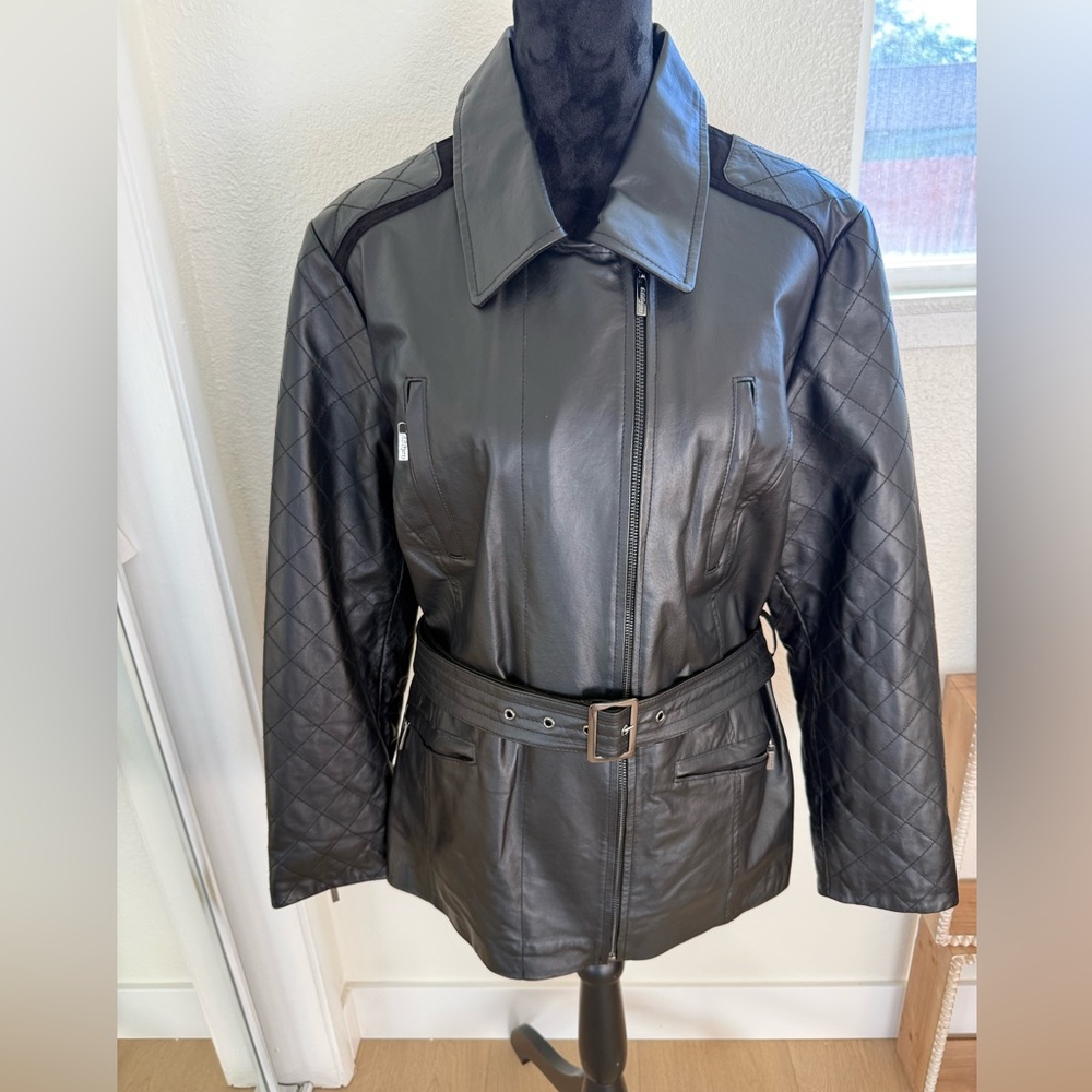Twiggy London Black Leather Jacket Belted Quilted Moto Union Jack Lining 1X